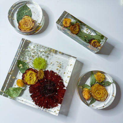 Golden Roses & Red Flower Square Block